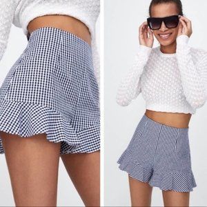 ZARA High Waisted Ruffle Gingham Plaid Navy Shorts Small